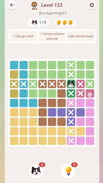Meowdoku Level 123 step 1 screenshot showing the cat placement at G3 with 1 of 9 cats visible on the board.