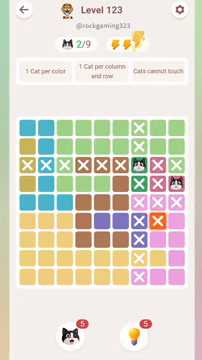 Meowdoku Level 123 step 2 screenshot showing the cat placement at I4 with 2 of 9 cats visible on the board.