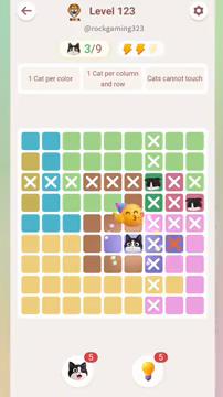 Meowdoku Level 123 step 3 screenshot showing the cat placement at F6 with 3 of 9 cats visible on the board.