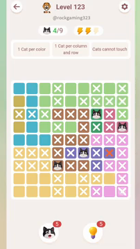 Meowdoku Level 123 step 4 screenshot showing the cat placement at D7 with 4 of 9 cats visible on the board.