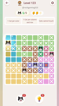 Meowdoku Level 123 step 5 screenshot showing the cat placement at A2 with 5 of 9 cats visible on the board.