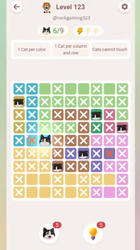 Meowdoku Level 123 step 6 screenshot showing the cat placement at C5 with 6 of 9 cats visible on the board.