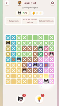 Meowdoku Level 123 step 7 screenshot showing the cat placement at H9 with 7 of 9 cats visible on the board.