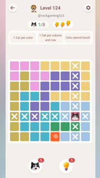 Meowdoku Level 124 step 1 screenshot showing the cat placement at G6 with 1 of 8 cats visible on the board.