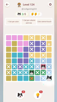 Meowdoku Level 124 step 3 screenshot showing the cat placement at H8 with 3 of 8 cats visible on the board.