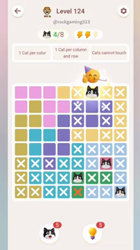 Meowdoku Level 124 step 4 screenshot showing the cat placement at F1 with 4 of 8 cats visible on the board.