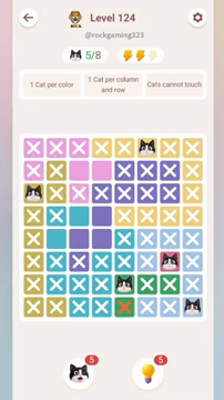 Meowdoku Level 124 step 5 screenshot showing the cat placement at A3 with 5 of 8 cats visible on the board.