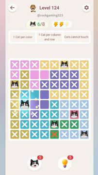 Meowdoku Level 124 step 6 screenshot showing the cat placement at B5 with 6 of 8 cats visible on the board.