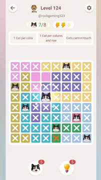 Meowdoku Level 124 step 7 screenshot showing the cat placement at D4 with 7 of 8 cats visible on the board.