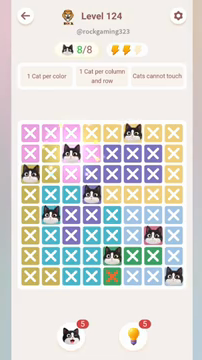 Meowdoku Level 124 step 8 screenshot showing the cat placement at C2 with 8 of 8 cats visible on the board.