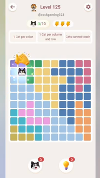 Meowdoku Level 125 step 1 screenshot showing the cat placement at B2 with 1 of 10 cats visible on the board.