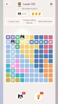 Meowdoku Level 125 step 2 screenshot showing the cat placement at D1 with 2 of 10 cats visible on the board.