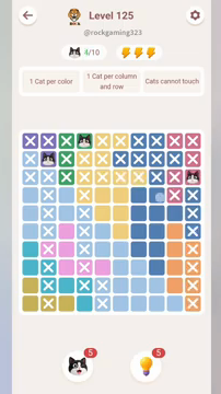 Meowdoku Level 125 step 3 screenshot showing the cat placement at J3 with 3 of 10 cats visible on the board.