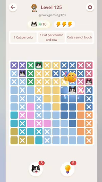 Meowdoku Level 125 step 4 screenshot showing the cat placement at H4 with 4 of 10 cats visible on the board.