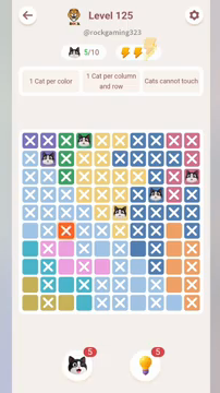 Meowdoku Level 125 step 5 screenshot showing the cat placement at F5 with 5 of 10 cats visible on the board.