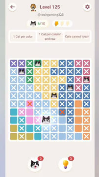 Meowdoku Level 125 step 6 screenshot showing the cat placement at E8 with 6 of 10 cats visible on the board.