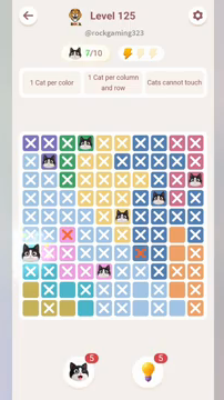 Meowdoku Level 125 step 7 screenshot showing the cat placement at A7 with 7 of 10 cats visible on the board.