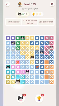 Meowdoku Level 125 step 8 screenshot showing the cat placement at C10 with 8 of 10 cats visible on the board.