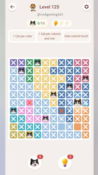Meowdoku Level 125 step 9 screenshot showing the cat placement at I6 with 9 of 10 cats visible on the board.