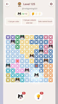 Meowdoku Level 125 step 10 screenshot showing the cat placement at G9 with 10 of 10 cats visible on the board.