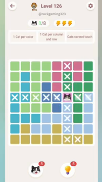 Meowdoku Level 126 step 1 screenshot showing the cat placement at F4 with 1 of 8 cats visible on the board.