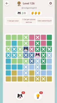Meowdoku Level 126 step 2 screenshot showing the cat placement at D3 with 2 of 8 cats visible on the board.
