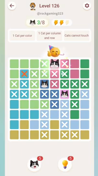 Meowdoku Level 126 step 3 screenshot showing the cat placement at E1 with 3 of 8 cats visible on the board.