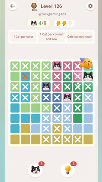 Meowdoku Level 126 step 4 screenshot showing the cat placement at H2 with 4 of 8 cats visible on the board.