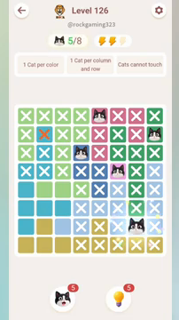 Meowdoku Level 126 step 5 screenshot showing the cat placement at G7 with 5 of 8 cats visible on the board.