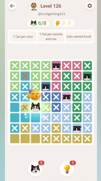 Meowdoku Level 126 step 6 screenshot showing the cat placement at C5 with 6 of 8 cats visible on the board.