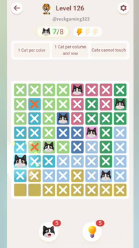 Meowdoku Level 126 step 7 screenshot showing the cat placement at A6 with 7 of 8 cats visible on the board.