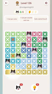 Meowdoku Level 126 step 8 screenshot showing the cat placement at B8 with 8 of 8 cats visible on the board.