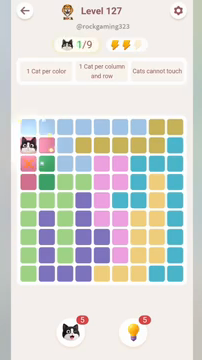 Meowdoku Level 127 step 1 screenshot showing the cat placement at A2 with 1 of 9 cats visible on the board.