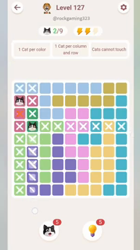 Meowdoku Level 127 step 2 screenshot showing the cat placement at B4 with 2 of 9 cats visible on the board.