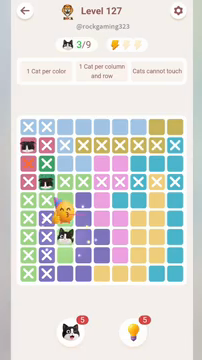 Meowdoku Level 127 step 3 screenshot showing the cat placement at C7 with 3 of 9 cats visible on the board.