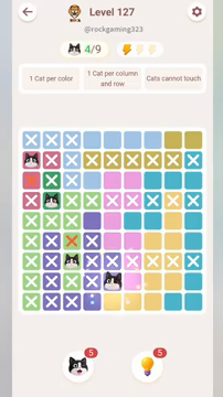 Meowdoku Level 127 step 4 screenshot showing the cat placement at E8 with 4 of 9 cats visible on the board.