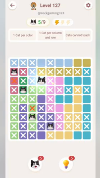 Meowdoku Level 127 step 5 screenshot showing the cat placement at D3 with 5 of 9 cats visible on the board.