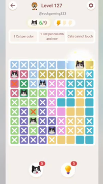 Meowdoku Level 127 step 6 screenshot showing the cat placement at H1 with 6 of 9 cats visible on the board.