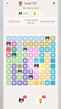 Meowdoku Level 127 step 7 screenshot showing the cat placement at F6 with 7 of 9 cats visible on the board.