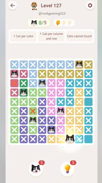 Meowdoku Level 127 step 8 screenshot showing the cat placement at G9 with 8 of 9 cats visible on the board.