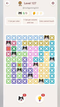 Meowdoku Level 127 step 9 screenshot showing the cat placement at I5 with 9 of 9 cats visible on the board.