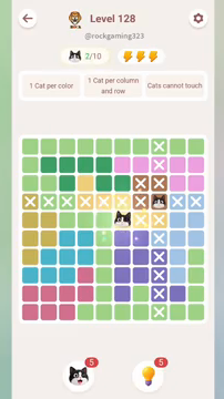 Meowdoku Level 128 step 2 screenshot showing the cat placement at F5 with 2 of 10 cats visible on the board.