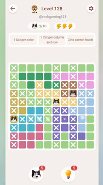 Meowdoku Level 128 step 3 screenshot showing the cat placement at A7 with 3 of 10 cats visible on the board.
