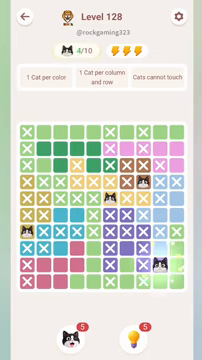 Meowdoku Level 128 step 4 screenshot showing the cat placement at I9 with 4 of 10 cats visible on the board.
