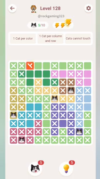 Meowdoku Level 128 step 5 screenshot showing the cat placement at B10 with 5 of 10 cats visible on the board.