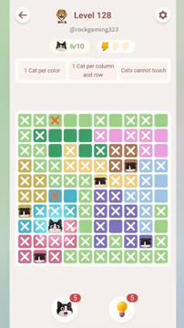 Meowdoku Level 128 step 6 screenshot showing the cat placement at C8 with 6 of 10 cats visible on the board.