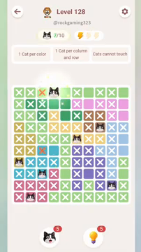 Meowdoku Level 128 step 7 screenshot showing the cat placement at D1 with 7 of 10 cats visible on the board.