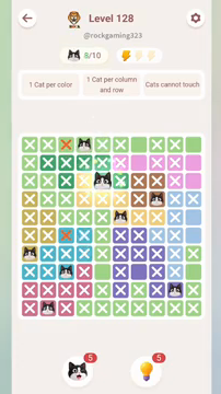 Meowdoku Level 128 step 8 screenshot showing the cat placement at E3 with 8 of 10 cats visible on the board.