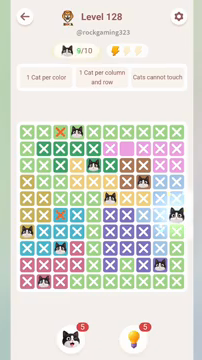 Meowdoku Level 128 step 9 screenshot showing the cat placement at J6 with 9 of 10 cats visible on the board.