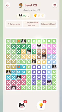Meowdoku Level 128 step 10 screenshot showing the cat placement at G2 with 10 of 10 cats visible on the board.